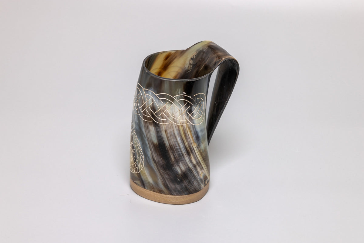 Natural horn tankard – Norse Vegvísir and Ouroboros Design