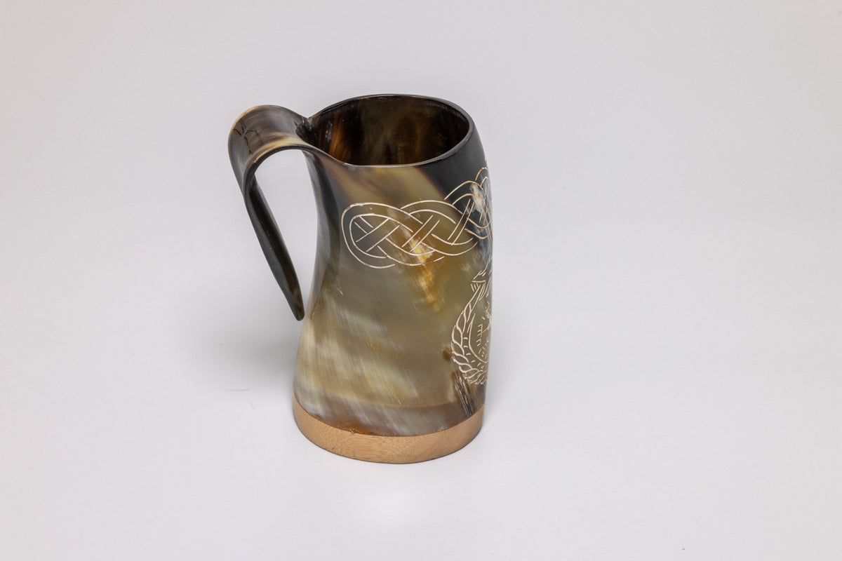 Natural horn tankard – Norse Vegvísir and Ouroboros Design