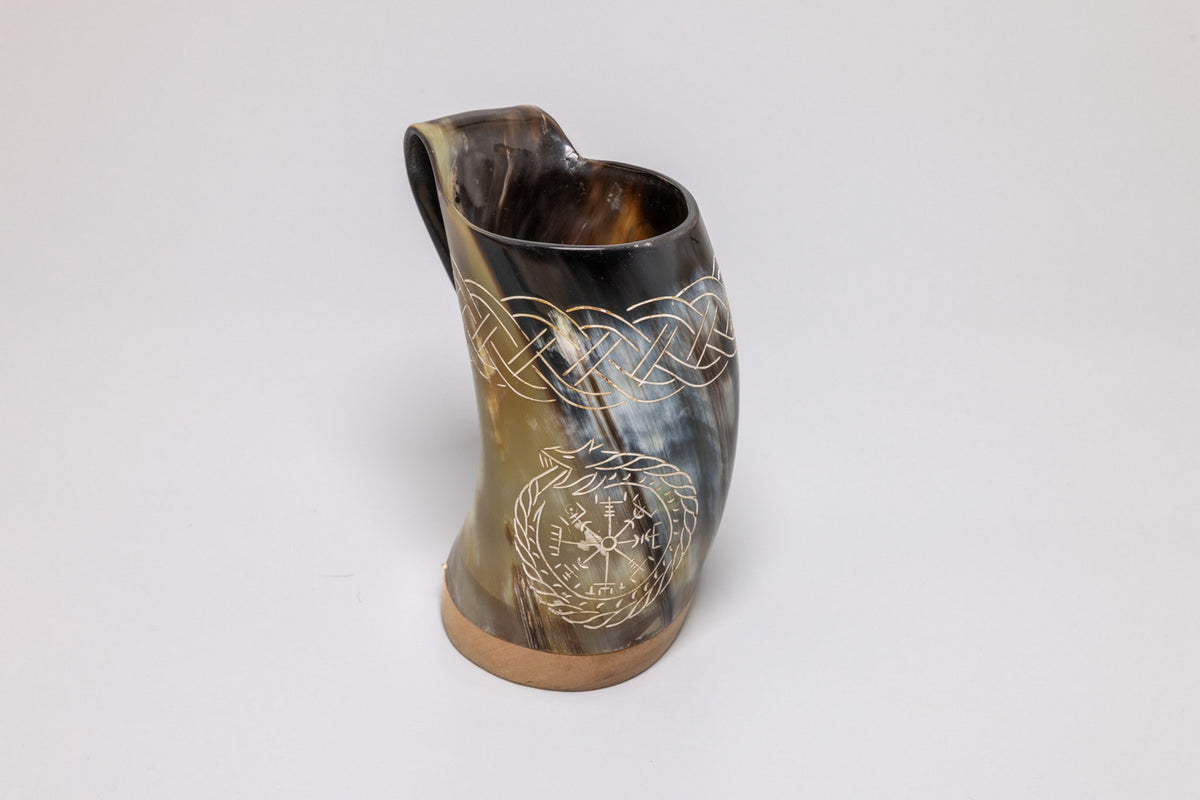 Natural horn tankard – Norse Vegvísir and Ouroboros Design