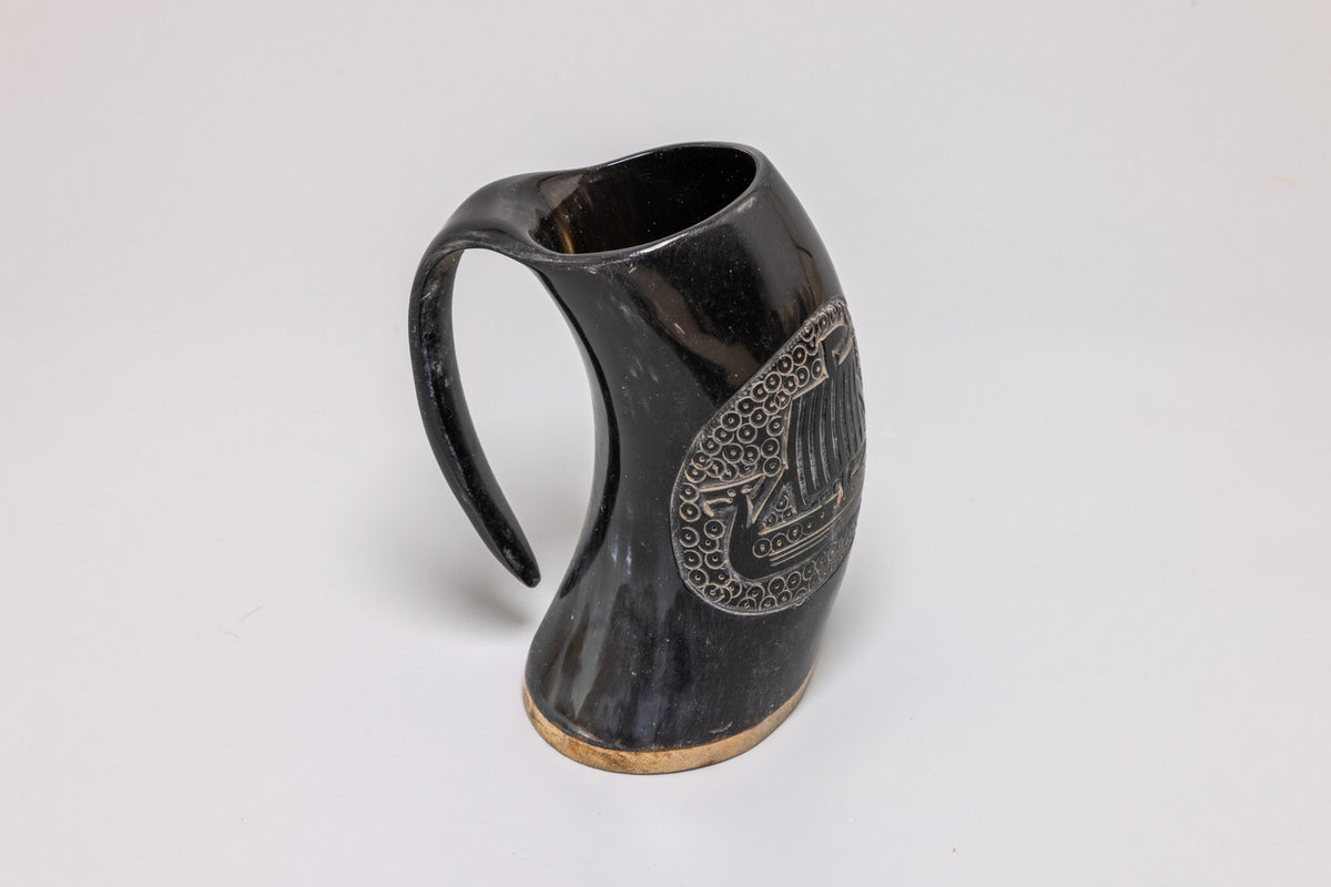 Natural Horn Tankard - Viking Longship Design