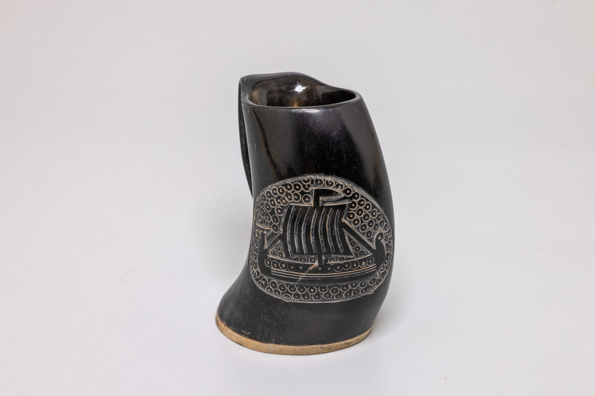 Natural Horn Tankard - Viking Longship Design