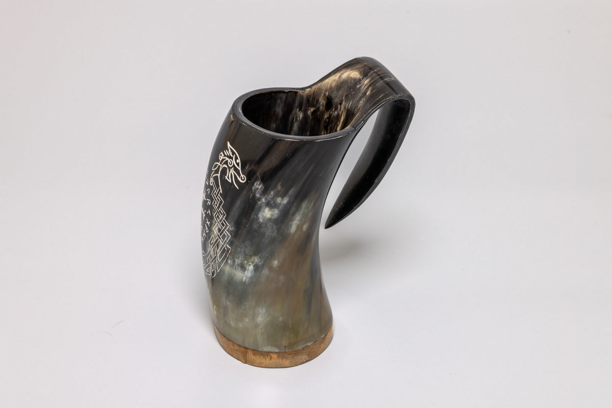 Natural Horn Tankard – Norse Compass and Longship design