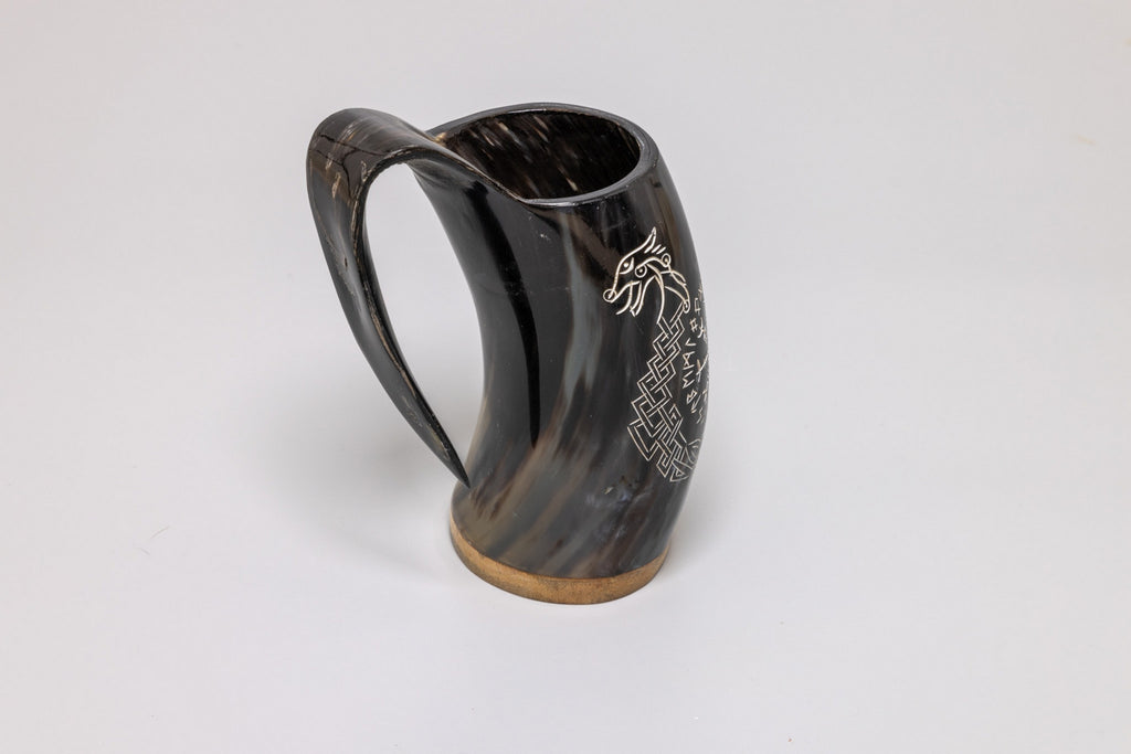 Natural Horn Tankard – Norse Compass and Longship design
