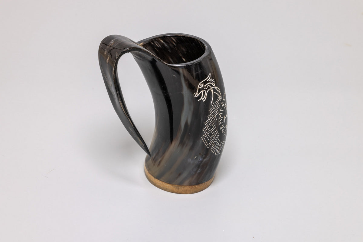 Natural Horn Tankard – Norse Compass and Longship design