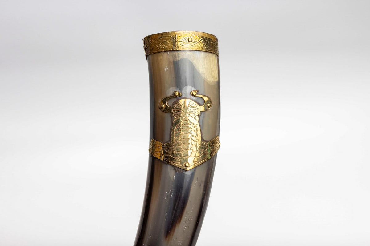 Genuine Natural Horn with Thors Hammer and Metal Fittings