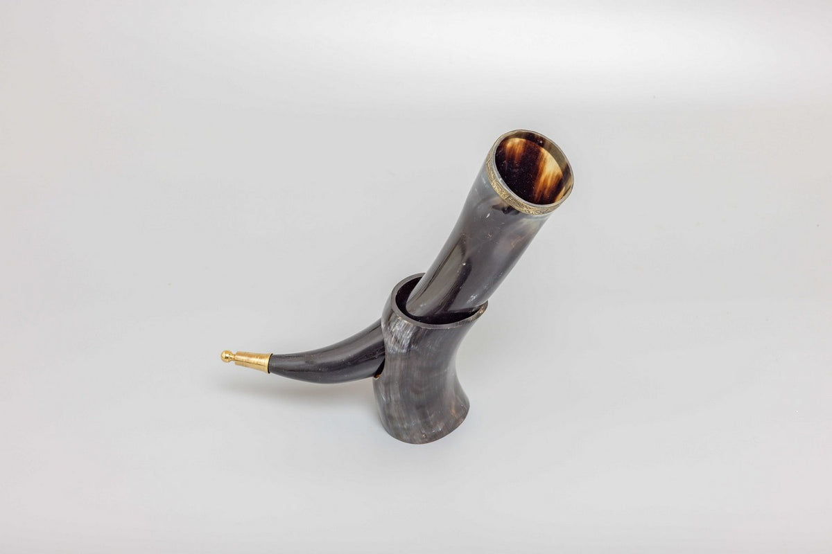 'V' for Viking Drinking Horn with Natural Horn Table Stand