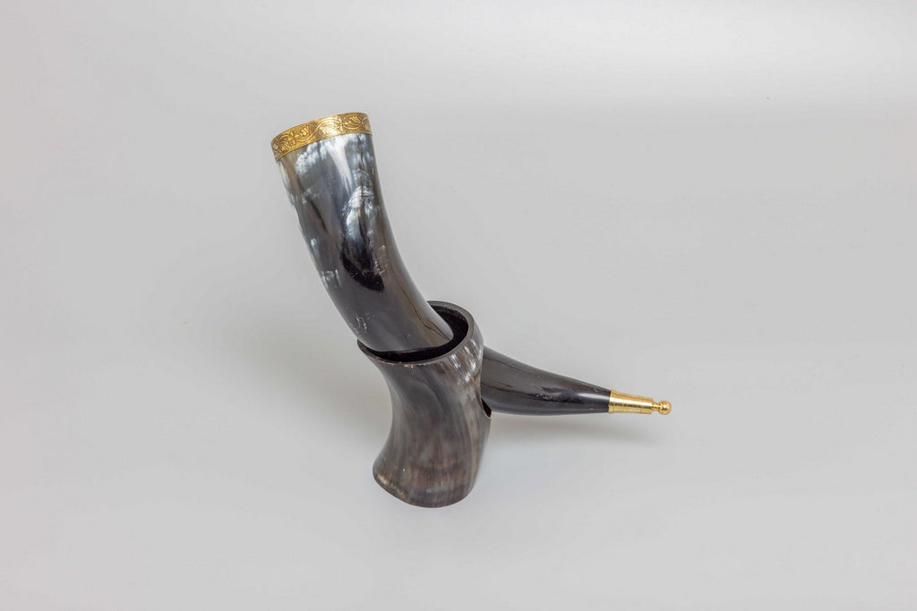 'V' for Viking Drinking Horn with Natural Horn Table Stand
