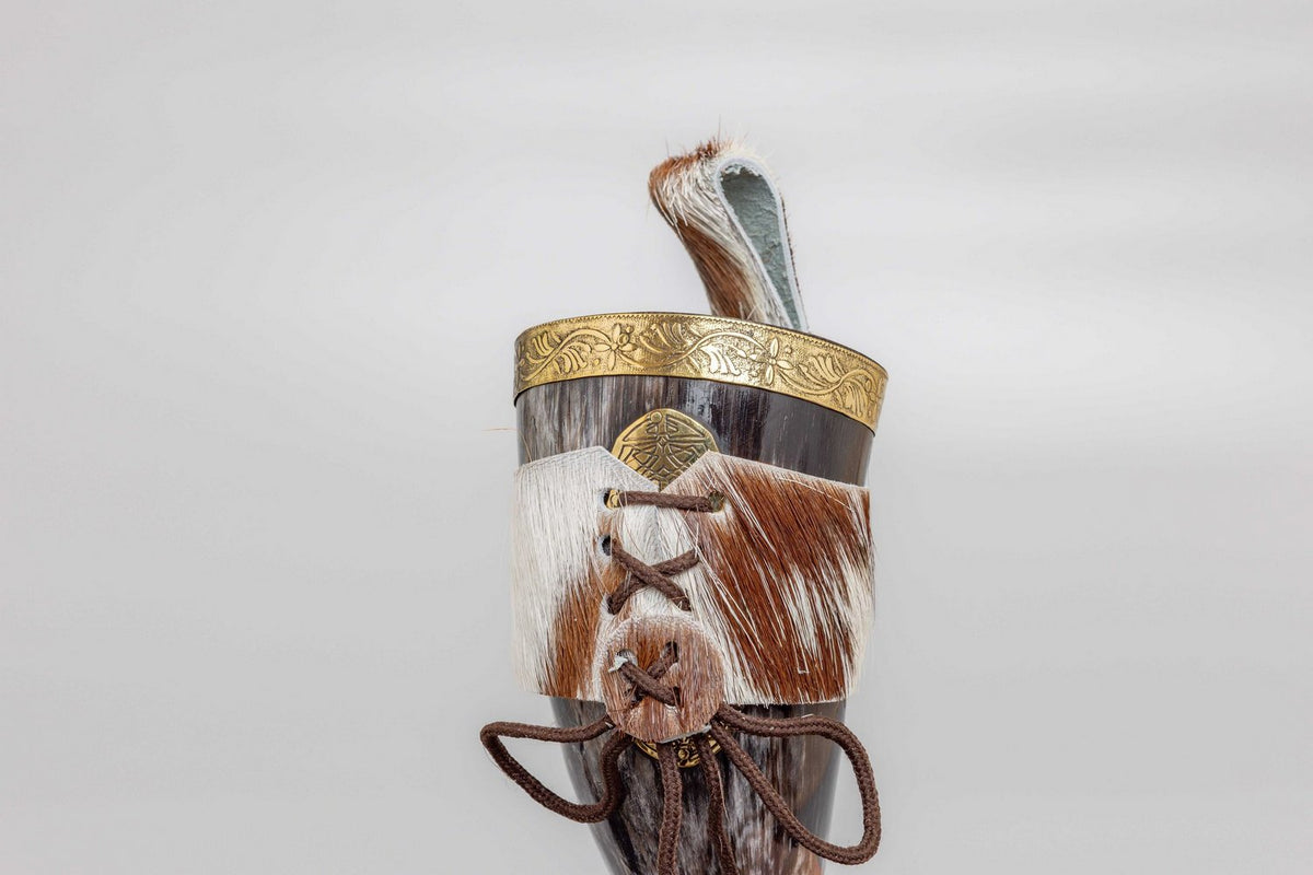 Viking Style Drinking Horn with Leather Belt Frog
