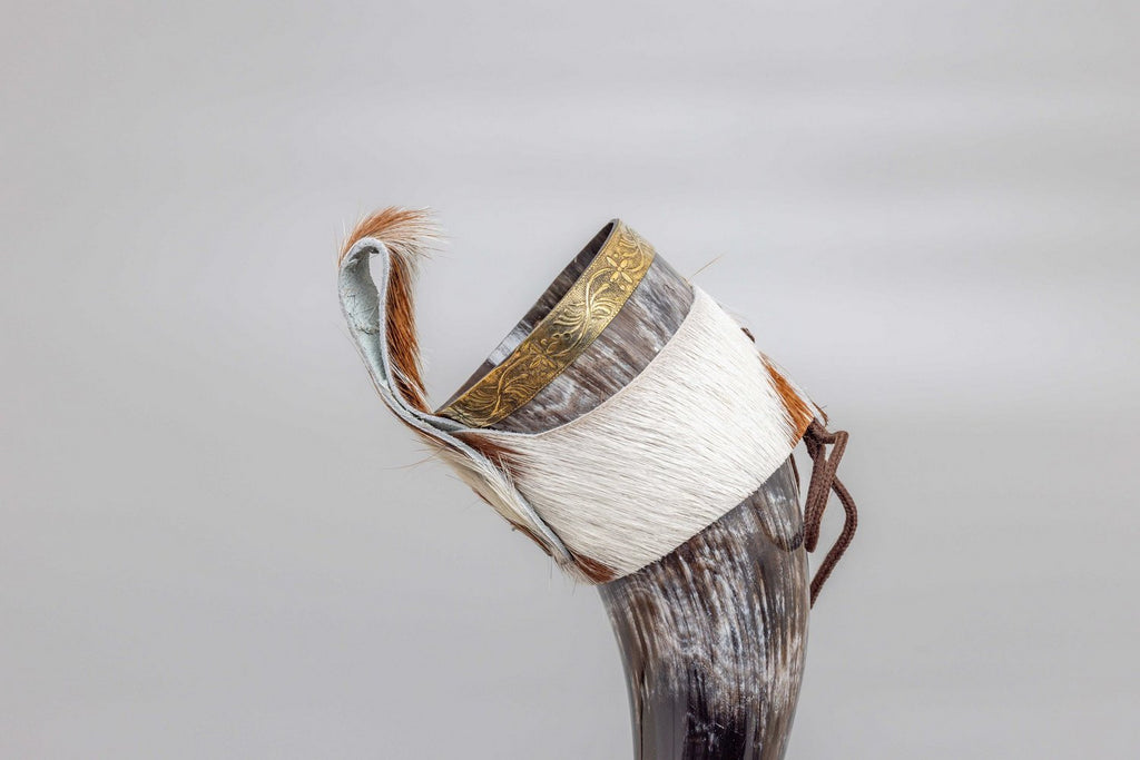 Viking Style Drinking Horn with Leather Belt Frog