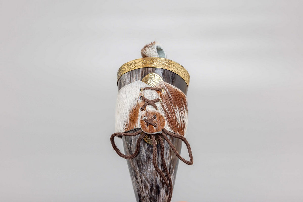 Viking Style Drinking Horn with Leather Belt Frog
