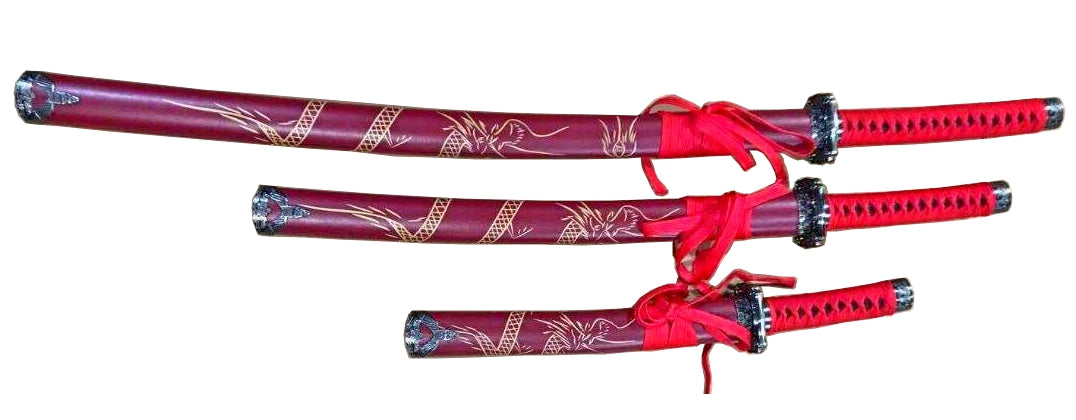 Red Set of 3 with Dragon (Stainless Steel Blade)