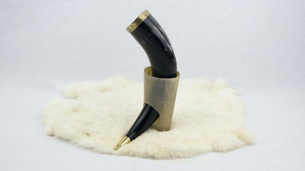 Horn with Metal Fittings and Natural Horn Table Stand