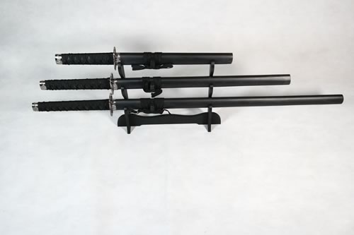 Set of 3 Solid Black Samurai Swords on Stand