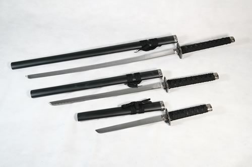 Set of 3 Solid Black Samurai Swords on Stand