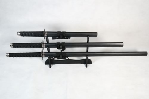 Set of 3 Solid Black Samurai Swords on Stand