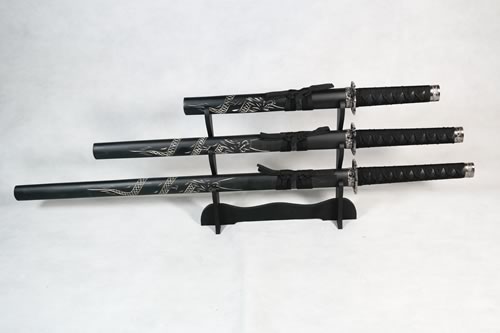 Set of 3 Carved Dragon Samurai Swords on Stand