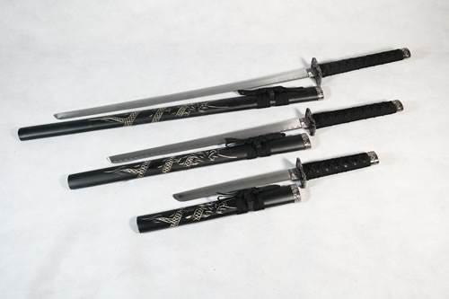 Set of 3 Carved Dragon Samurai Swords on Stand