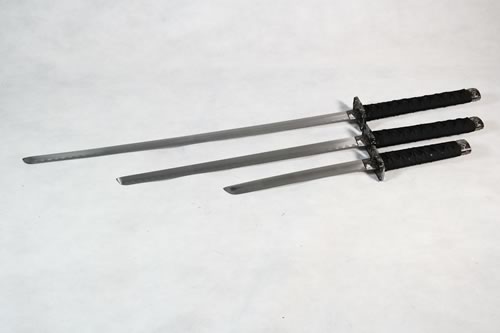 Set of 3 Carved Dragon Samurai Swords on Stand
