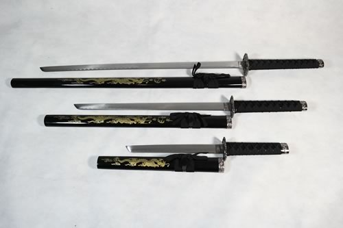 Set of 3 Golden Dragon Samurai Swords on Stand