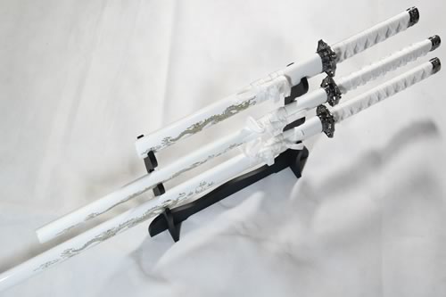 Set of 3 White Dragon Samurai Swords on Stand