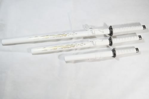 Set of 3 White Dragon Samurai Swords on Stand