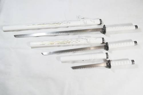 Set of 3 White Dragon Samurai Swords on Stand