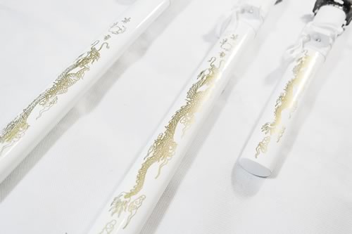 Set of 3 White Dragon Samurai Swords on Stand