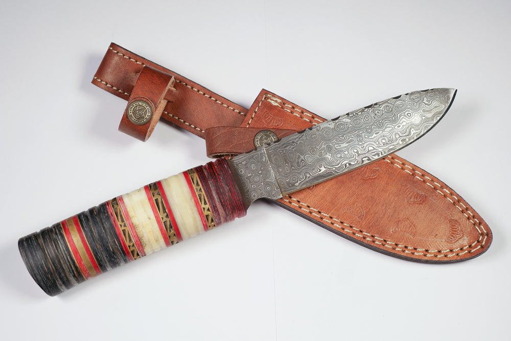 Small Damascus Knife with layered and patterned handle