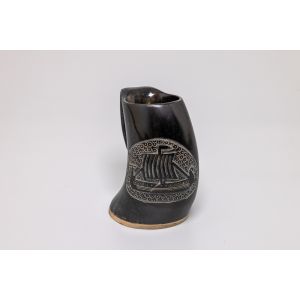 Natural Horn Tankard - Viking Longship Design