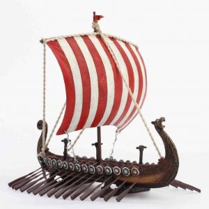 Viking Ship with Red Striped Sails on a Stand